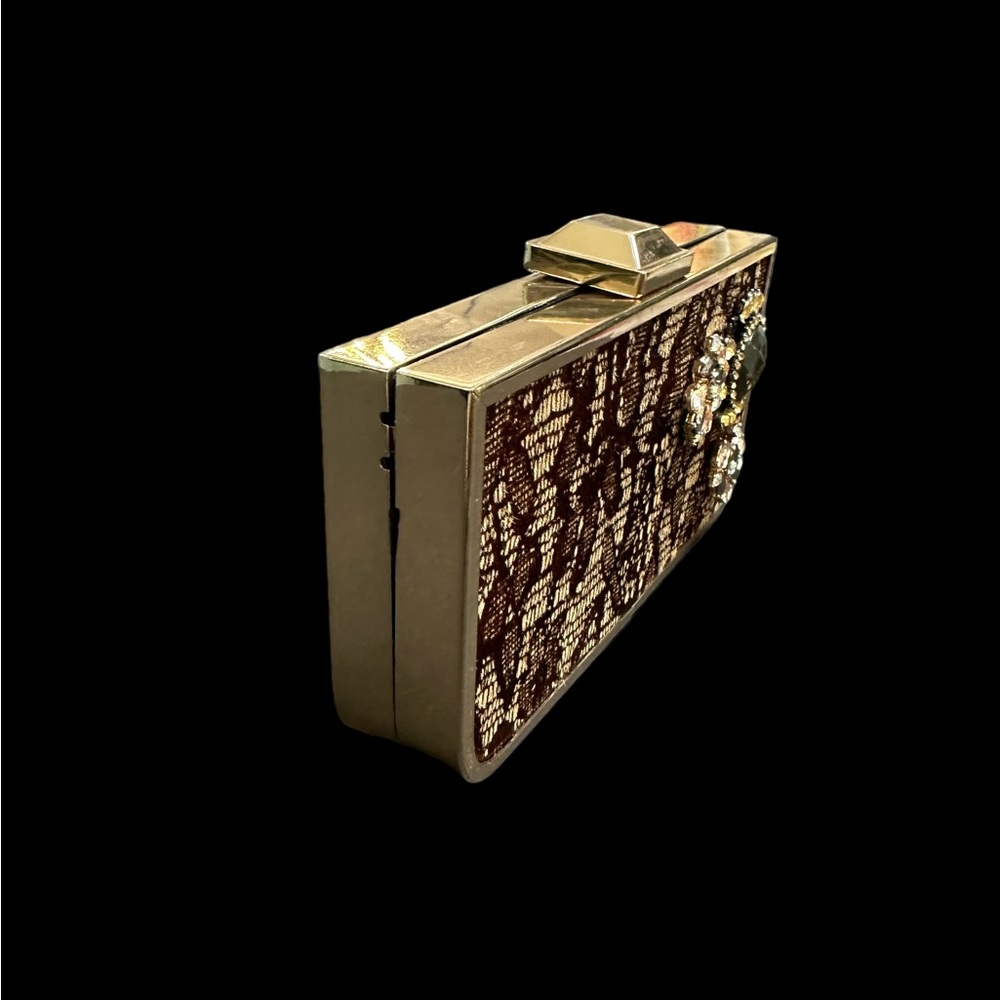 Kate Landry Gold Tone With Brown Lace Evening Clutch - Picture 8 of 10